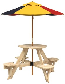 3281621 vidaXL Masă picnic pentru 4 copii cu umbrelă, rotundă, lemn masiv brad