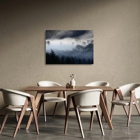 Tablou pe sticlă cu ceță deasupra pădurii (70x50 cm)