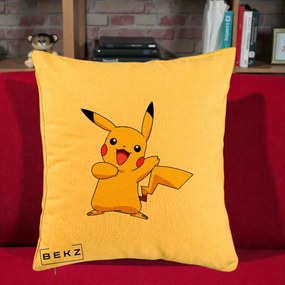 Perna Personalizata Pikachu Fericit, 40x40 cm, Galben, Husa Detasabila, Perna Inclusa, BEKZ®