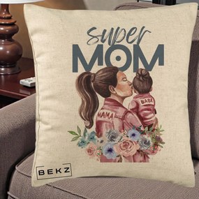 Cadou pentru Mama - Perna Personalizata Super Mom Mama cu Bebelusul, 40x40 cm, Bej, Husa Detasabila, Perna Inclusa, BEKZ®
