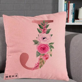 Cadou Personalizat - Perna Personalizata Monograma Rose Gold Litera J, 40x40 cm, Roz, Husa Detasabila, Perna Inclusa, BEKZ®