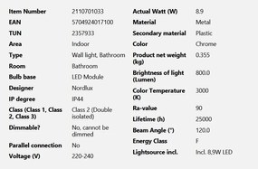 Aplica de perete LED pentru baie IP44 Marlee crom 3000K
