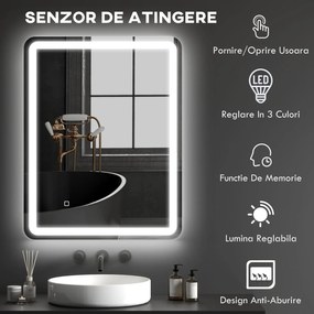 kleankin Oglinda pentru baie cu lumini LED, 70 x 50 cm | Aosom Romania