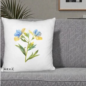 Perna Decorativa Botanica Frezie Galbena si Albastra, 40x40 cm, Alb Pufos, Husa Detasabila, Perna Inclusa, BEKZ®