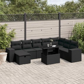 3275345 vidaXL Set mobilier de grădină cu perne, 9 piese, negru, poliratan