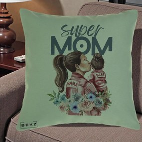 Cadou pentru Mama - Perna Personalizata Super Mom Mama cu Bebelusul, 40x40 cm, Verde, Husa Detasabila, Perna Inclusa, BEKZ®