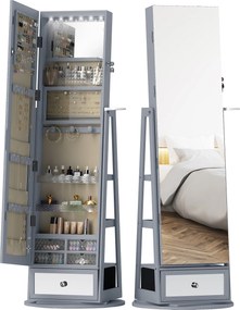 HOMCOM Oglindă portarbijuterii cu lumini LED Dulap portarbijuterii cu oglindă completă Rotativ de 360° Sertar Încuietoare Gri deschis | Aosom Romania