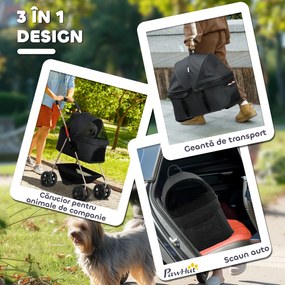 PawHut Cărucior pentru Animale de Companie 3 în 1 cu 4 Roți și Geantă de Transport Detașabilă, 76x50x102 cm, Negru | Aosom Romania