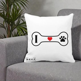 Perna Personalizata I Love Dog Os si Labuta, 40x40 cm, Alba Mata, Husa Detasabila, Perna Inclusa, BEKZ®