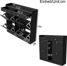 Dulap pentru pantofi cu 4 uși rabatabile, 2 sertare și 3 compartimente deschise, 110x26x100 cm, Negru