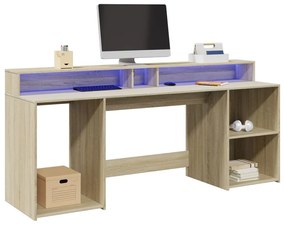 vidaXL Birou cu lumini LED stejar sonoma, 200x55x91 cm, lemn prelucrat