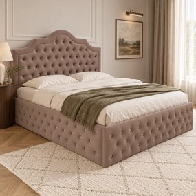 Pat tapițat Chesterfield din catifea Imperio Deluxe 180×200 cm, cappuccino, cu ladă de depozitare