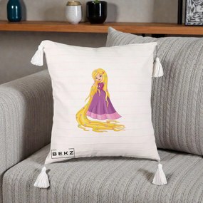 Perna Personalizata Rapunzel Par Lung Floral, 40x40 cm, Bej cu Franjuri, Husa Detasabila, Perna Inclusa, BEKZ®