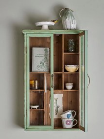 Vitrină mică de perete vintage shabby chic din lemn, verde, cu 2 uși vitrate, 6 rafturi și 9 compartimente, 80 x 50 x 13,5 cm, „Hazem”