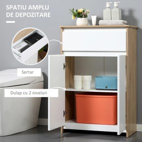 Kleankin Mobilier de Baie Multifuncțional, Combinație Dulap și Sertar, Design Modern în Nuanțe de Lemn și Alb, 60x30x90 cm | Aosom Romania