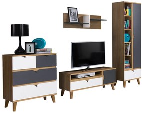 Camera de zi Providence E118Alb, Stejar auriu, Grafit, Cu comodă tv, Cu componente suplimentare, Părți separate, PAL laminat, 200x40cm, 116 kg
