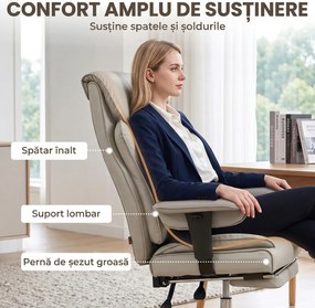 HOMCOM Scaun de Birou Rotativ Rabatabil 135°, Piele Ecologică, Suport pentru Picioare, Cotiere și Înălțime Reglabile, Gri Deschis | Aosom Romania