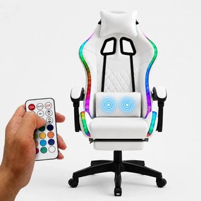 Scaun gaming, sistem iluminare bandă LED RGB, masaj în perna lombară, suport picioare, Alb