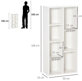 HOMCOM Bibliotecă din Lem Stil Vintage Cubica cu 7 Suporturi Diferite din MDF pentru Casă și Birou, 50x24x106 cm, Alb | Aosom Romania