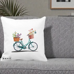 Perna Decorativa Bicicleta Florala Turcoaz Acuarela, 40x40 cm, Alba Mata, Husa Detasabila, Perna Inclusa, BEKZ®
