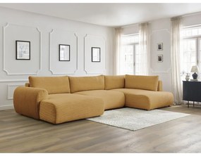 Colțar galben muștar extensibil/cu spațiu de depozitare cu tapițerie din catifea reiată (cu colț pe partea dreaptă/în formă de "U") Lucien – Bobochic Paris