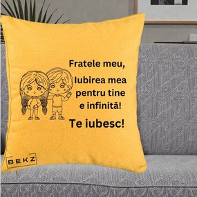 Cadou pentru Frate - Perna Personalizata Fratele Meu Te Iubesc Copii Anime Line Art Negru, 40x40 cm, Galben, Husa Detasabila, Perna Inclusa, BEKZ®