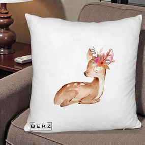 Perna Decorativa Caprioara cu Flori in Coama, 40x40 cm, Alb Pufos, Husa Detasabila, Perna Inclusa, BEKZ®