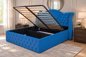 Pat tapițat Chesterfield din catifea Velora Cristal 180×200 cm, albastru, cu ladă de depozitare