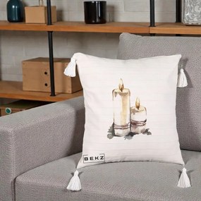 Perna Decorativa Lumanari Acuarela Iarna, 40x40 cm, Bej cu Franjuri, Husa Detasabila, Perna Inclusa, BEKZ®