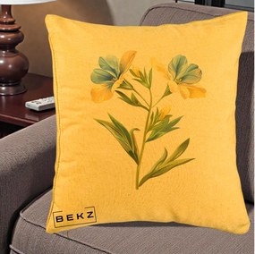 Perna Decorativa Botanica Frezie Galbena si Albastra, 40x40 cm, Galben, Husa Detasabila, Perna Inclusa, BEKZ®