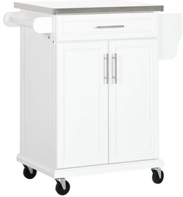 HOMCOM Masuta bucatarie cu rotile insula centrala de bucatarie cu blat din otel, raft reglabil, sertar, suport pentru condimente, alb | Aosom Romania