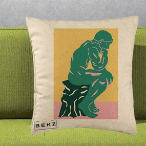 Perna Decorativa Ganditorul Sculptura Pop Art, 40x40 cm, Bej, Husa Detasabila, Perna Inclusa, BEKZ®