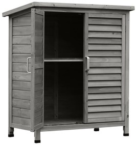 Outsunny Remiză de grădină pentru unelte, pe picioare, cu uși obloane și acoperiș bitum, din brad, 87x46,5x96,5 cm, gri | Aosom Romania