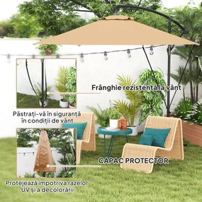 Outsunny Umbrelă de Soare cu Corzi Anti-Vânt, Orificii de Aerisire, Bază în Cruce și Manivelă, Φ290x243 cm, Gri | Aosom Romania