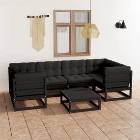 3077303 vidaXL Set mobilier grădină cu perne, 7 piese, negru, lemn masiv pin