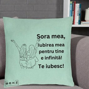 Cadou pentru Sora - Perna Personalizata Sora Mea Te Iubesc Line Art Doua Fete cu Brate Ridicate, 40x40 cm, Verde Menta, Husa Detasabila, Perna Inclusa, BEKZ®