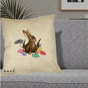 Perna Decorativa Iepuras cu Oua de Pasti Acuarela, 40x40 cm, Crem, Husa Detasabila, Perna Inclusa, BEKZ®