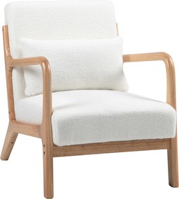 HOMCOM Fotoliu lounge, 3 perne incluse, adâncime șezut, brațe, structură lemn hevea, aspect catifea crem | Aosom Romania