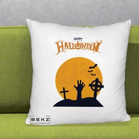 Perna Decorativa Happy Halloween Cimitir cu Luna, 40x40 cm, Alb Pufos, Husa Detasabila, Perna Inclusa, BEKZ®