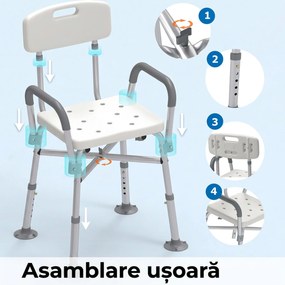 HOMCOM Scaun de Baie din Aluminiu Reglabil, cu Spătar și Brațe, Pernă Moale, Antialunecare, Alb | Aosom Romania