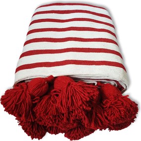 Patura Maroc 250x150 cm bumbac alba cu dungi rosii tesuta manual