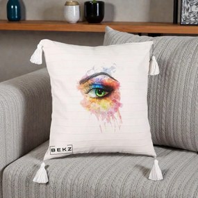 Perna Decorativa Ochi Verde Acuarela, 40x40 cm, Bej cu Franjuri, Husa Detasabila, Perna Inclusa, BEKZ®