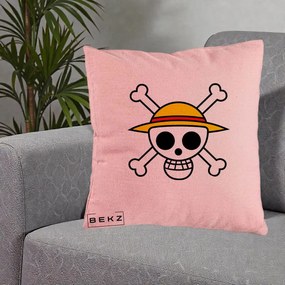 Perna Personalizata One Piece Jolly Roger Straw Hat Pirates, 40x40 cm, Roz, Husa Detasabila, Perna Inclusa, BEKZ®