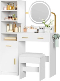 Masuta machiaj cu Oglinda LED si 3 Sertare pentru Cosmetice, Set Masa toaleta 80 cm, Alb, masuta cosmetica, vanity - SEA825