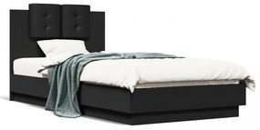 Cadru de pat cu tăblie și lumini LED, negru, 90x190 cm