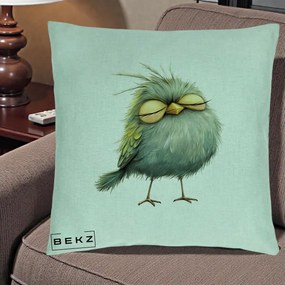 Perna Decorativa Pasare Teal Adormita cu Ochi Galbeni, 40x40 cm, Verde Menta, Husa Detasabila, Perna Inclusa, BEKZ®