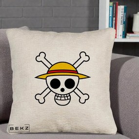 Perna Personalizata One Piece Jolly Roger Straw Hat Pirates, 40x40 cm, Bej Canapea, Husa Detasabila, Perna Inclusa, BEKZ®