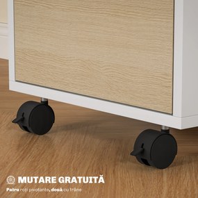 HOMCOM Dulap de Birou cu 3 Sertare, 4 Roți, Comodă de Birou cu Sistem de Blocare și 2 Chei pentru Documente Format A4, Dulap Vertical pentru Studiu, 40x40x63.5 cm, Alb și Stejar | Aosom Romania