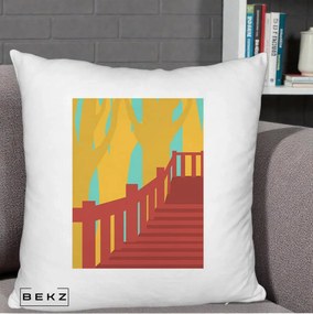 Perna Decorativa Scari Toamna Peisaj Grafic, 40x40 cm, Alb Pufos, Husa Detasabila, Perna Inclusa, BEKZ®
