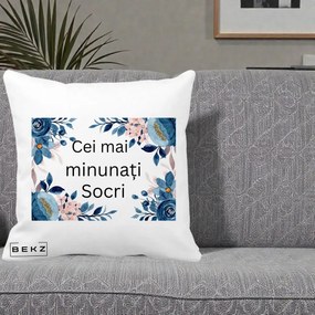 Cadou pentru Socri - Perna Personalizata Cei mai Minunati Socri cu Flori Albastre si Roz, 40x40 cm, Alba Mata, Husa Detasabila, Perna Inclusa, BEKZ®